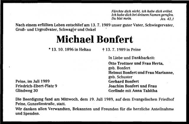 Bonfert Michael 1896-1989 Todesanzeige